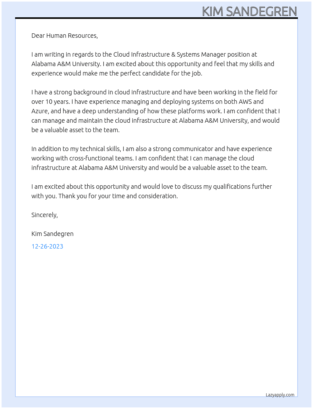 Cloud Infrastructure & Systems Manager At Alabama A&M University Cover Letter