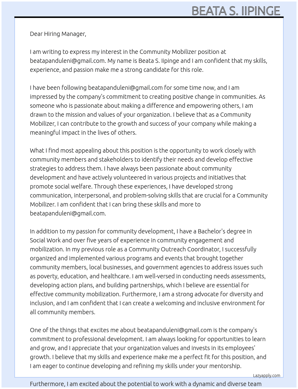 Community mobilizer At beatapanduleni@gmail.com Cover Letter