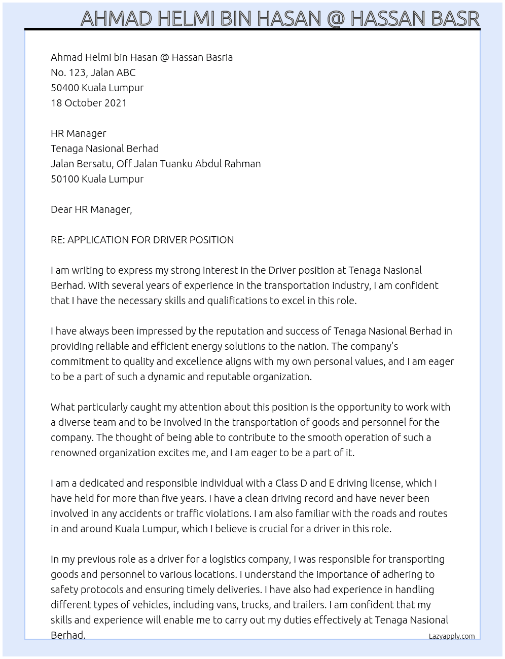 Driver At Tenaga Nasional Berhad Cover Letter