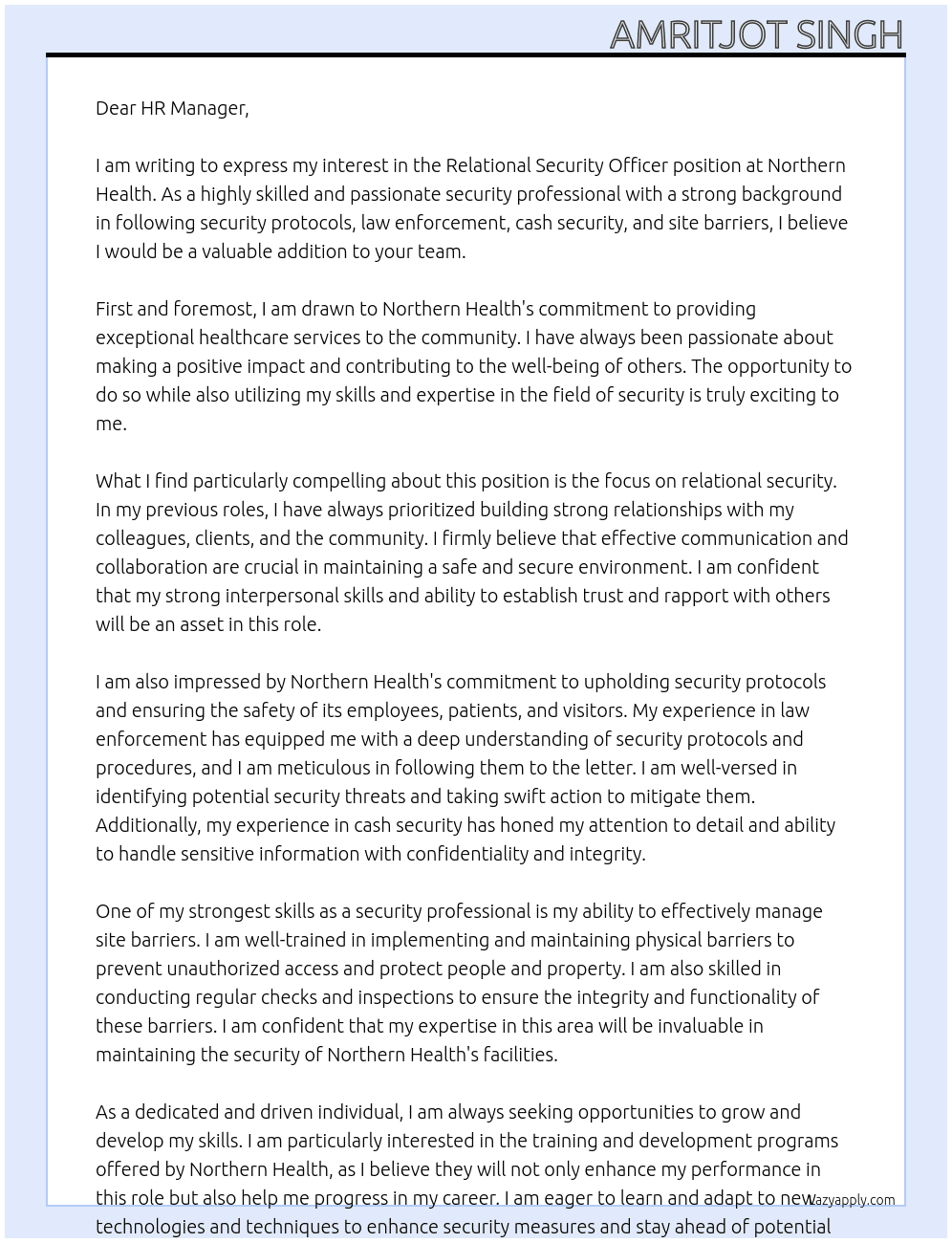 Relational security officier  At Northern health Cover Letter