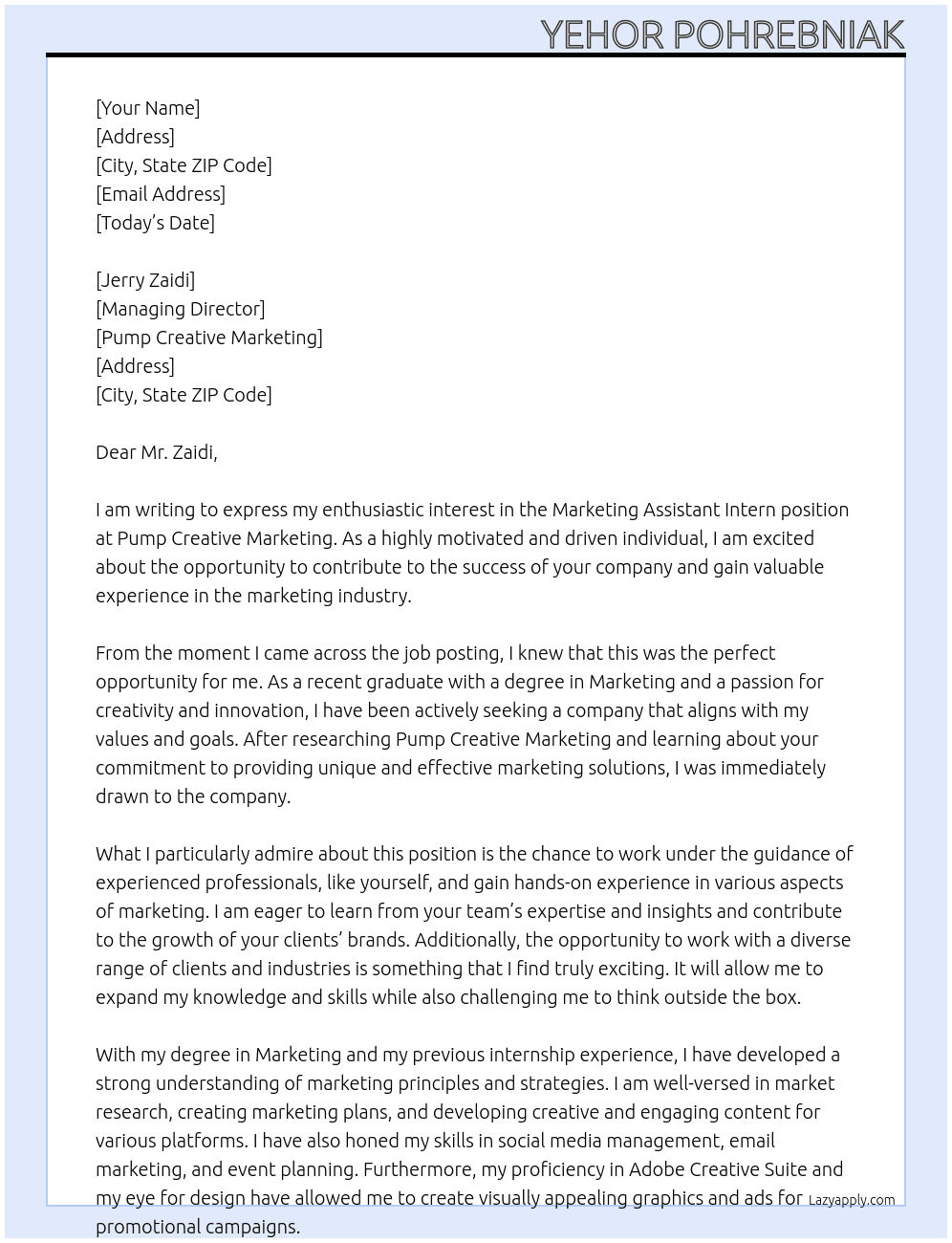 Marketing Assistant Intern At Pump Creative Marketing Cover Letter