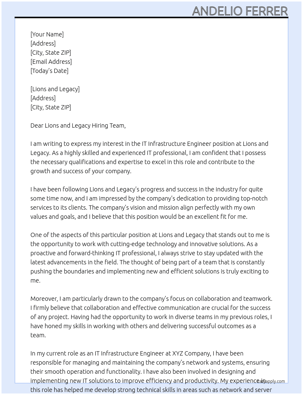 IT Infrastructure Engineer At Lions and Legacy Cover Letter