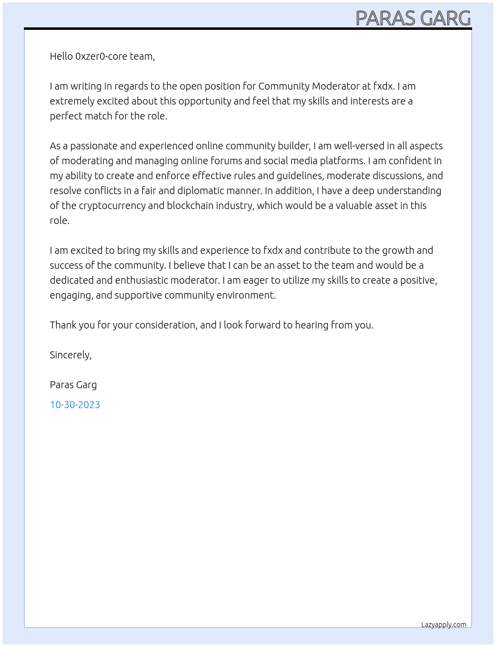 Community Moderator At fxdx Cover Letter