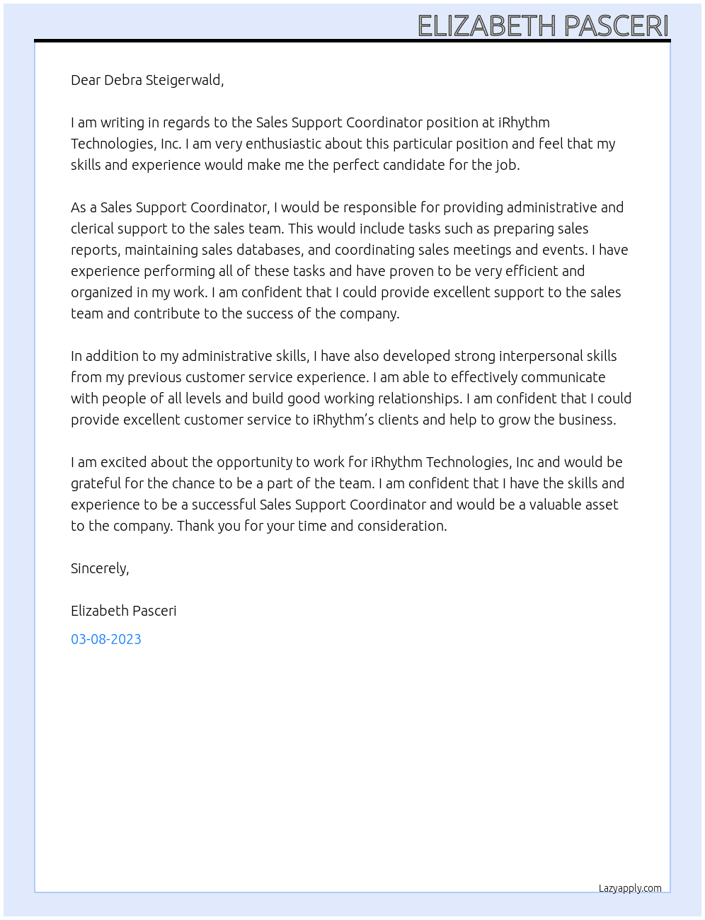 Sales Support Coordinator At iRhythm Technologies, Inc Cover Letter