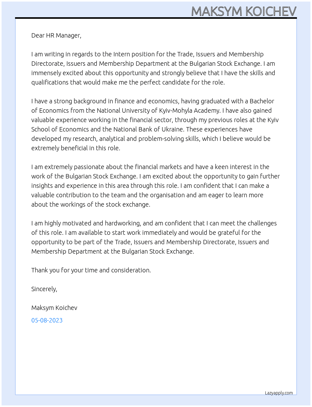 Intern for the Trade, Issuers and Membership Directorate, Issuers and Membership Department At Bulgarian Stock Exchange Cover Letter