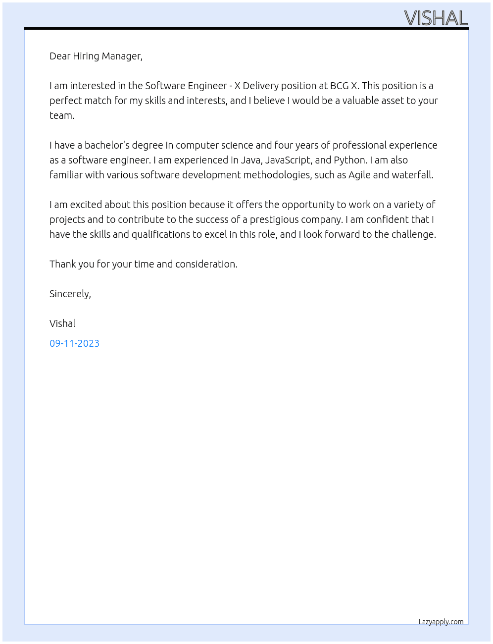 Software Engineer - X Delivery At BCG X Cover Letter