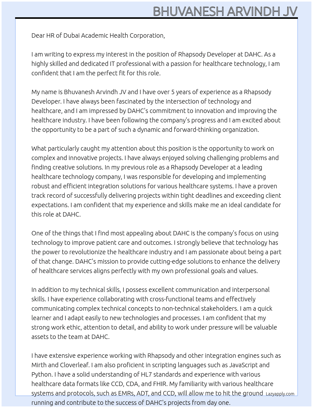 Rhapsody Developer At Dubai Academic Health Corporation - DAHC Cover Letter