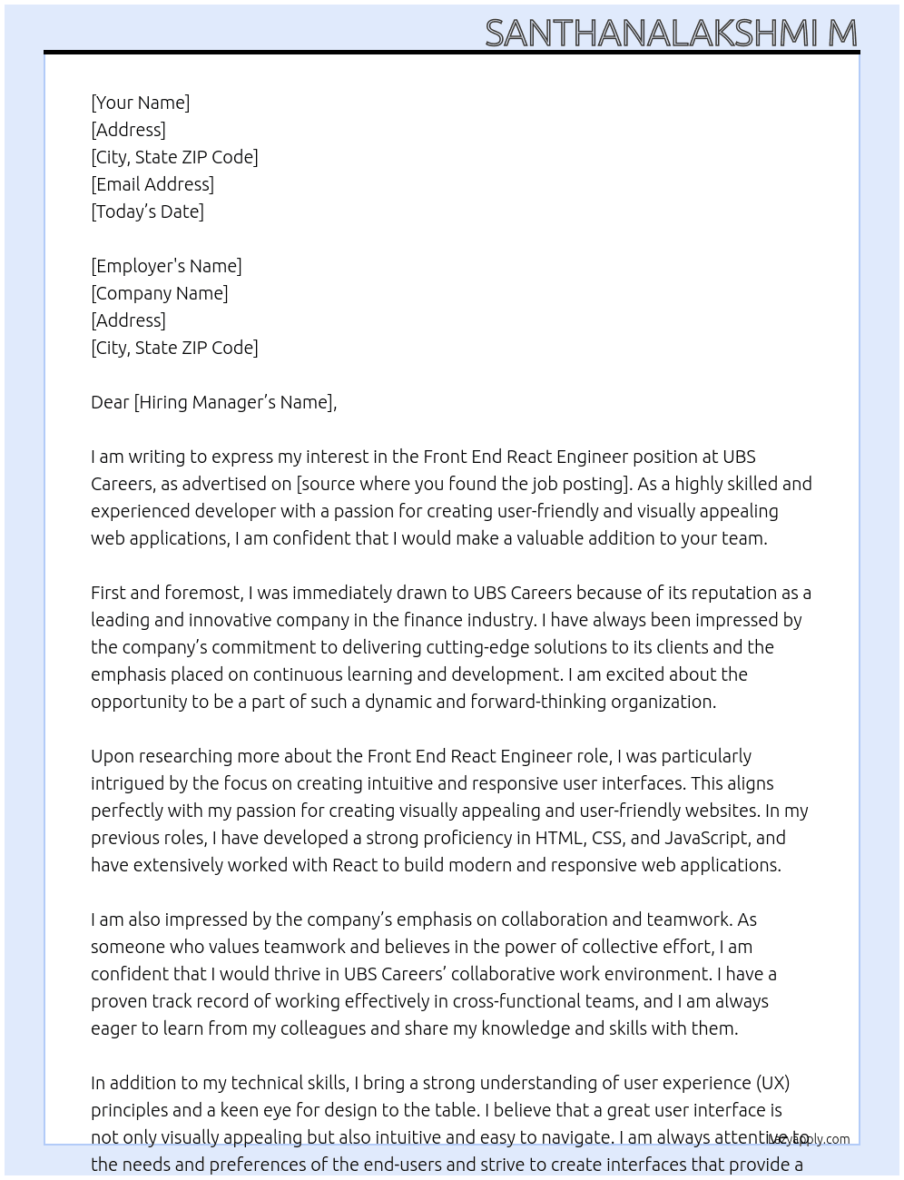 Front End React Engineer At UBS Careers Cover Letter