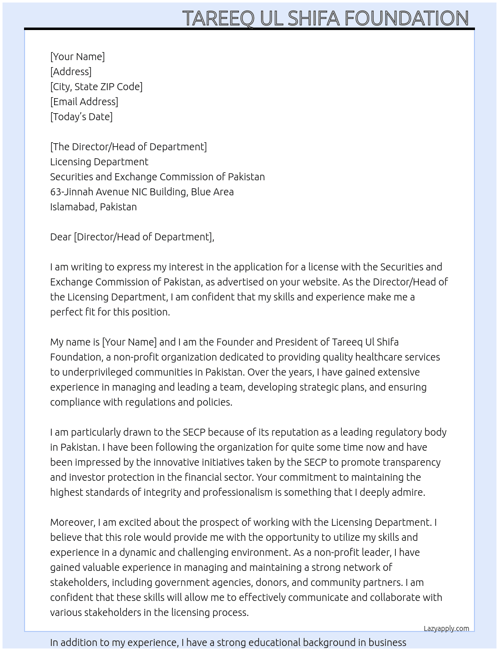 Application for licence At SECP Cover Letter