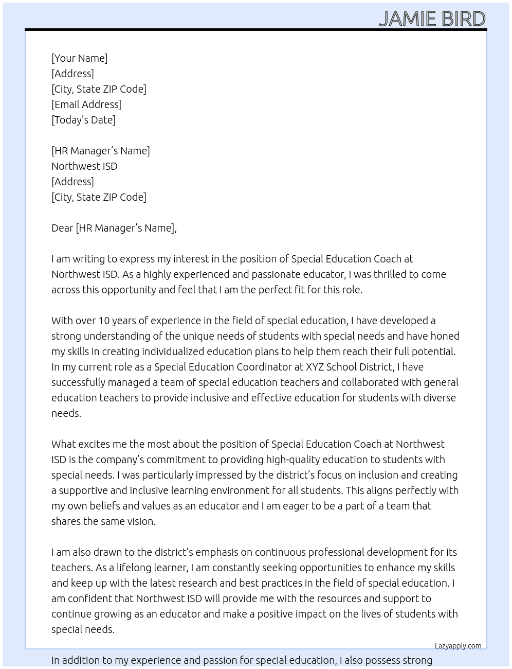 Special education coach At Northwest isd Cover Letter