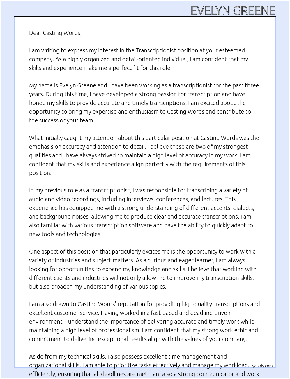Transciptionist At Casting Words Cover Letter