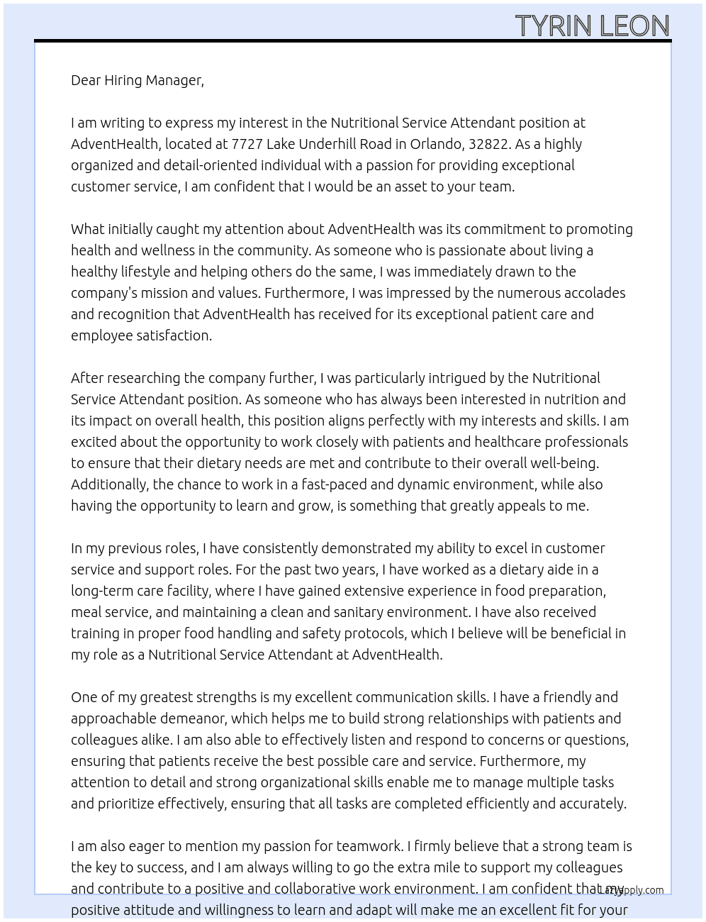 Nutritional Service Attendant At AdventHealth Cover Letter