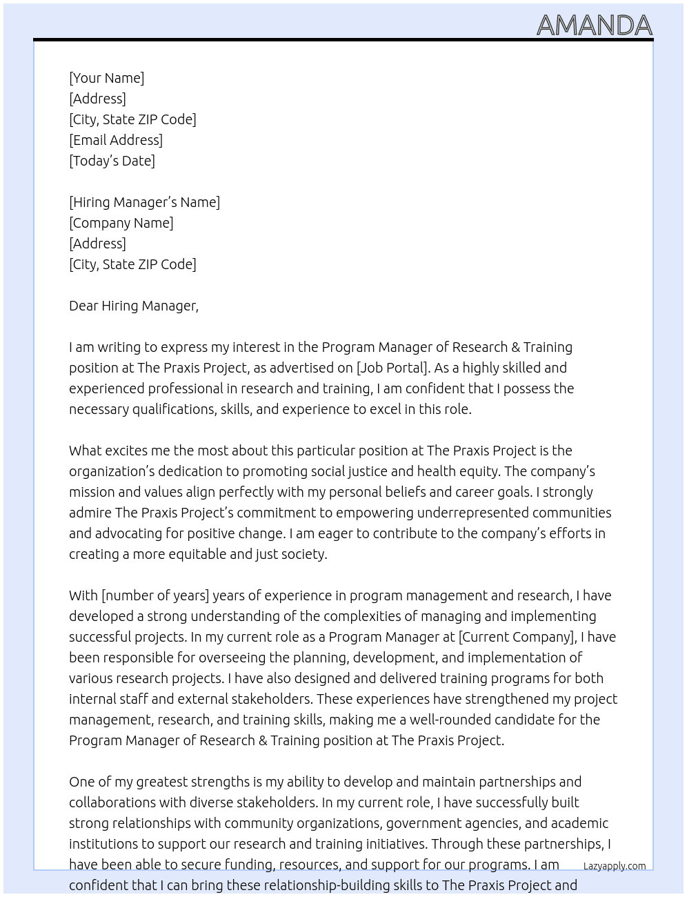 Program Manager of Research & Training At The Praxis Project Cover Letter