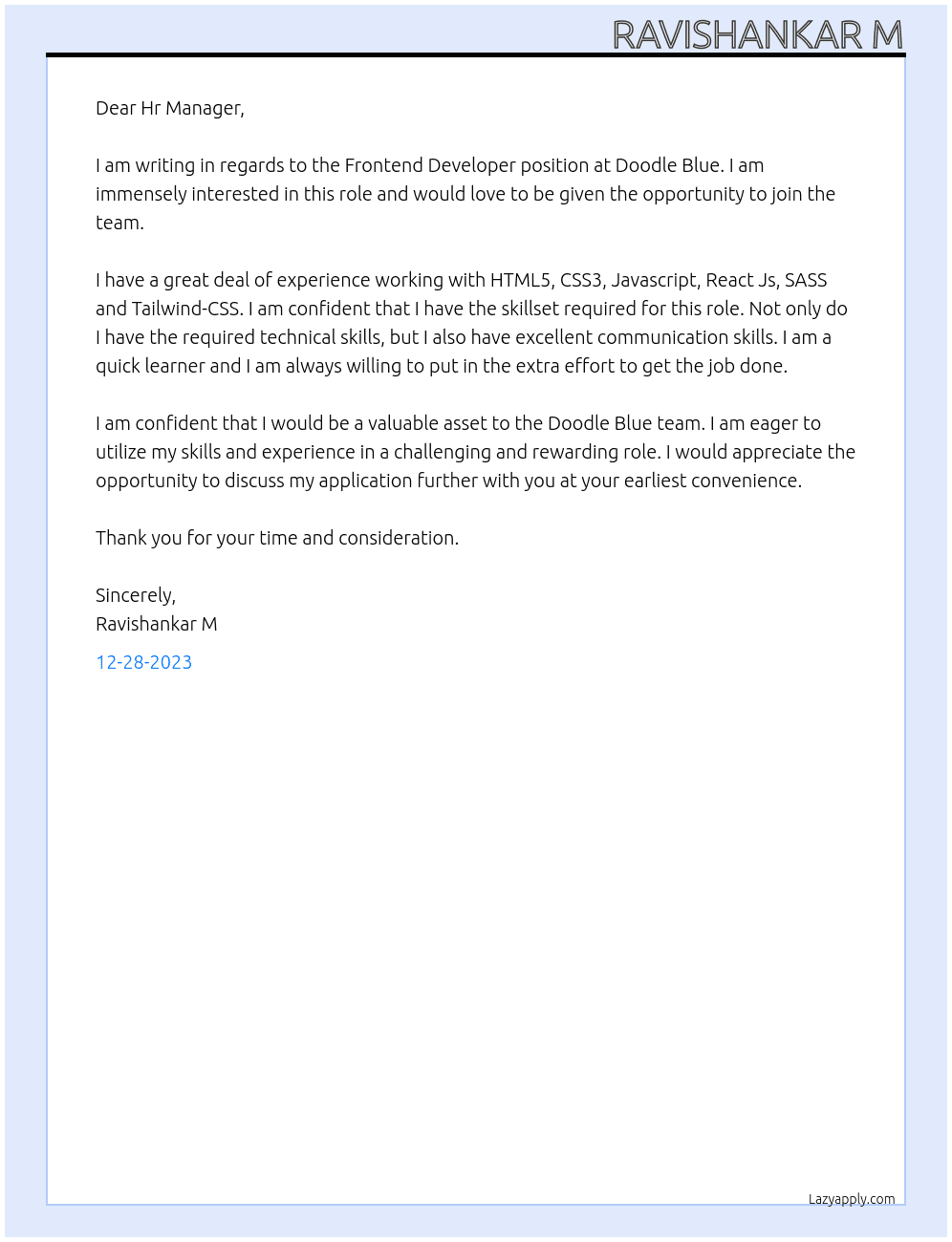 Frontend Developer  At Doodle Blue Cover Letter