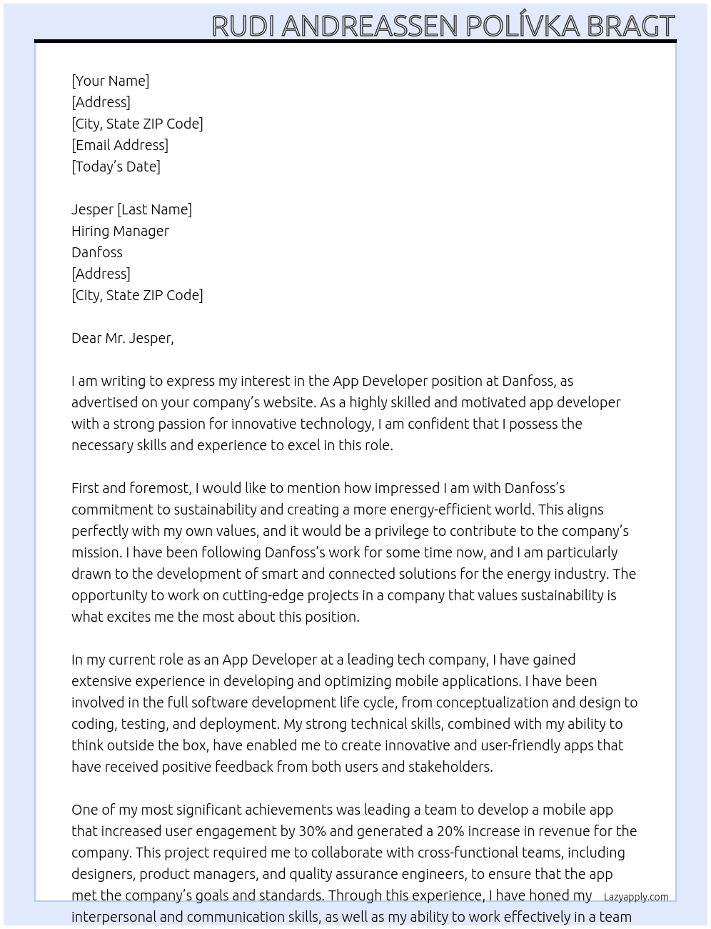 App Developer At Danfoss Cover Letter