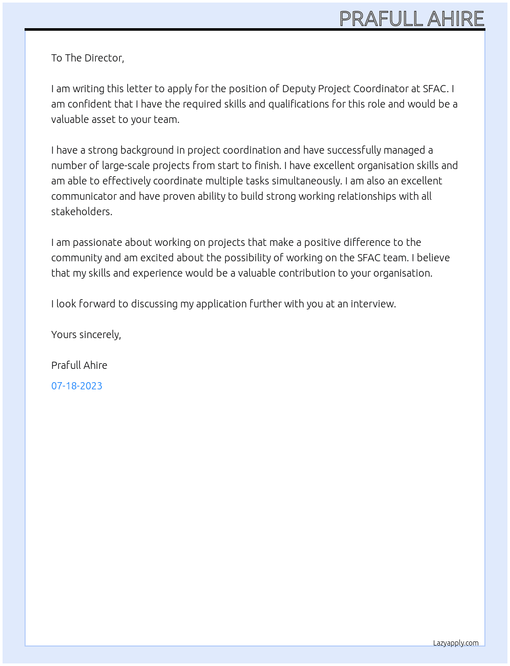 Deputy Project coordinator At SFAC Cover Letter