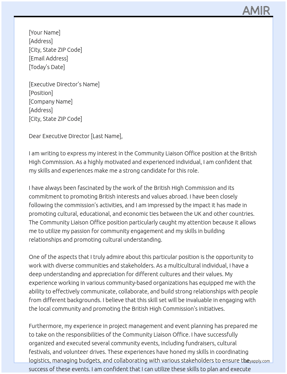 Community Liaison Office At British high commission  Cover Letter