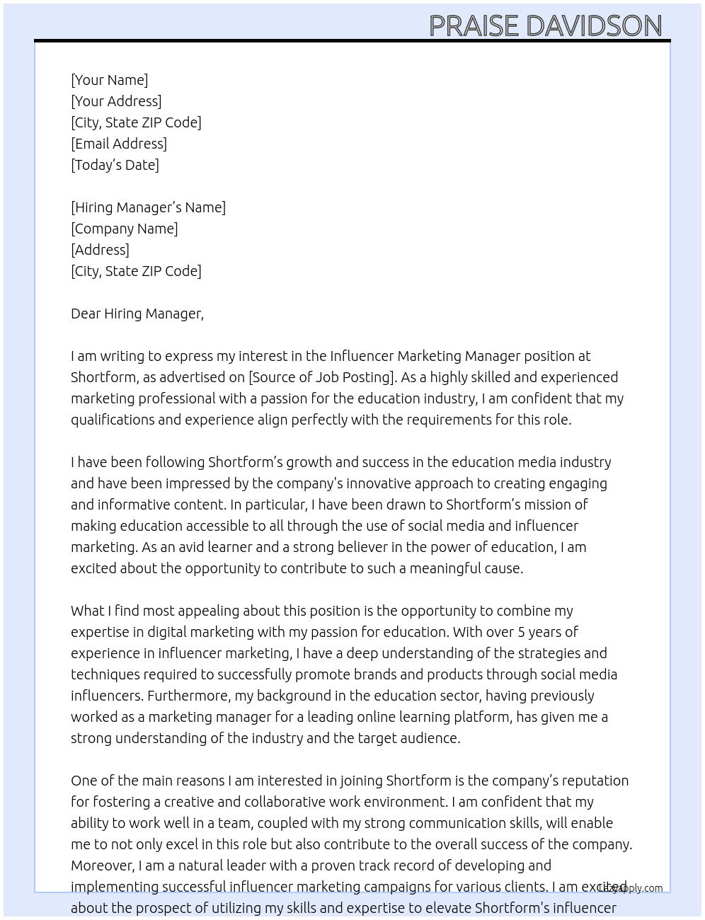 Influencer Marketing Manager for Education Media Company At Shortform Cover Letter