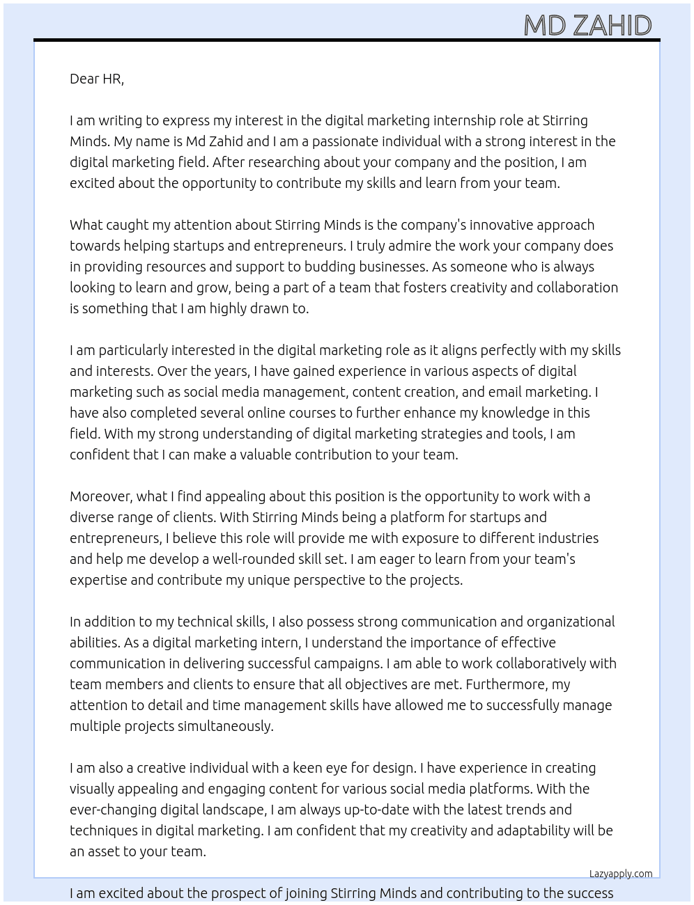 digital marketing  At Stirring Minds Cover Letter