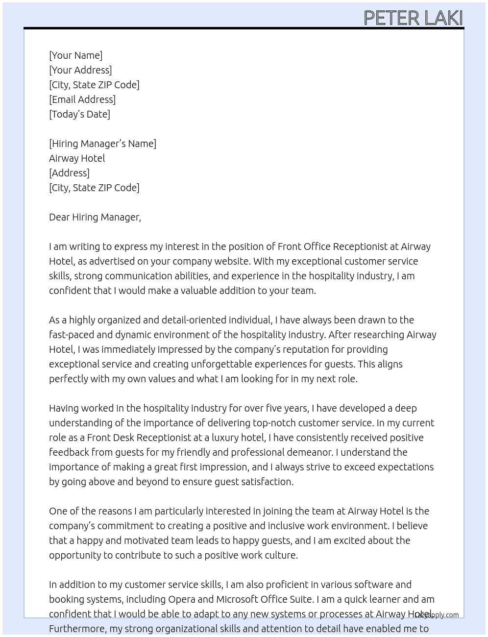Cover letter for front office receptionists - LazyApply