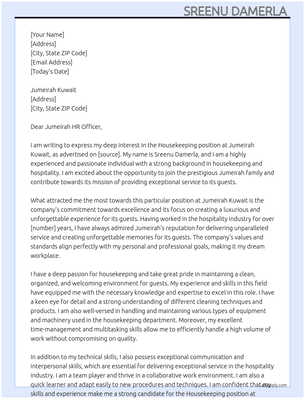 House keeping  At Jumeirah Kuwait  Cover Letter