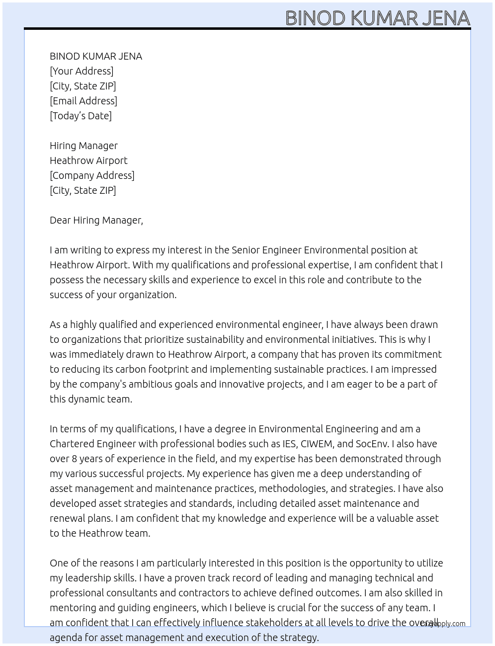 Senior Engineer Environmental At Heathrow Airport Cover Letter