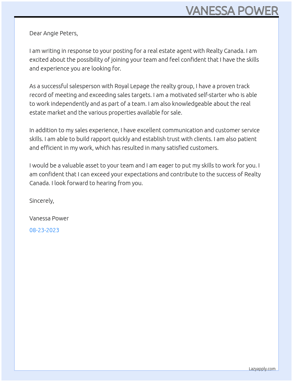 Realty Canada  At Royal Lepage the realty group  Cover Letter