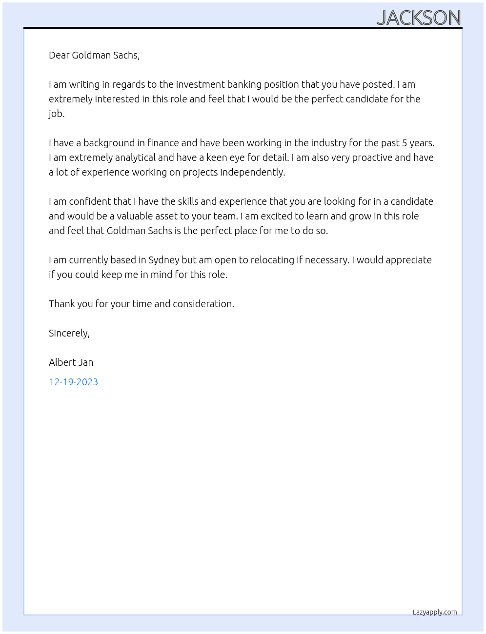 Investment banking  At Goldman sachs Cover Letter