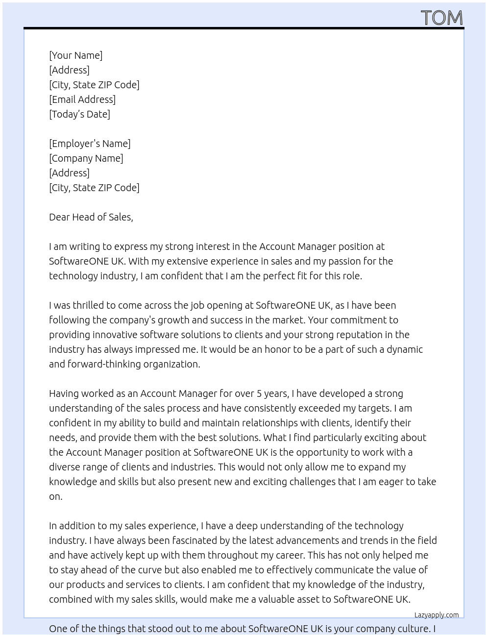 Account manager At SoftwareONE UK Cover Letter