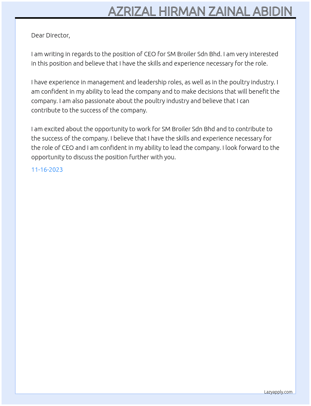 CEO At SM Broiler Sdn Bhd Cover Letter