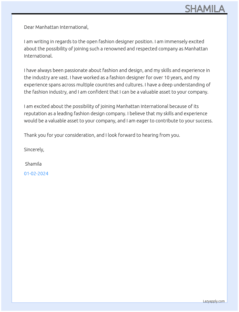 Fashion Designer At Manhattan International  Cover Letter