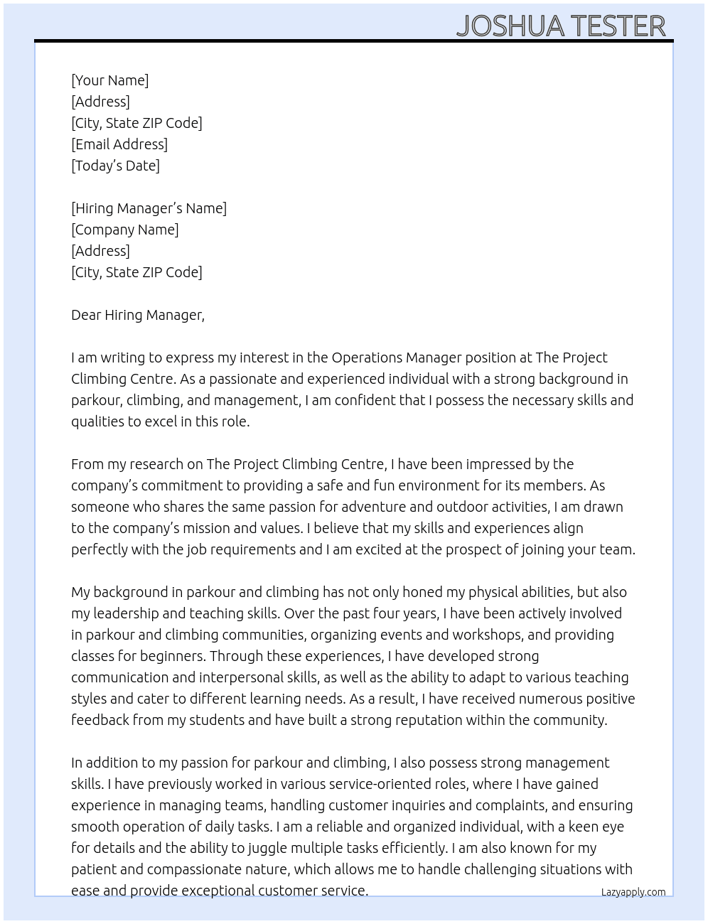 Operations manager  At The project climbing centre  Cover Letter