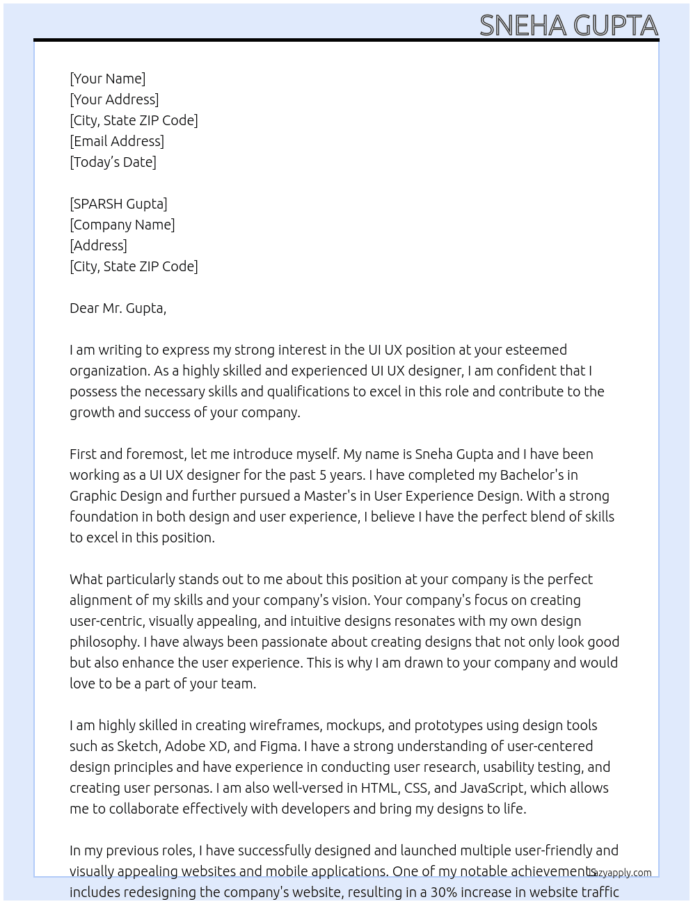 UI UX At NONE Cover Letter