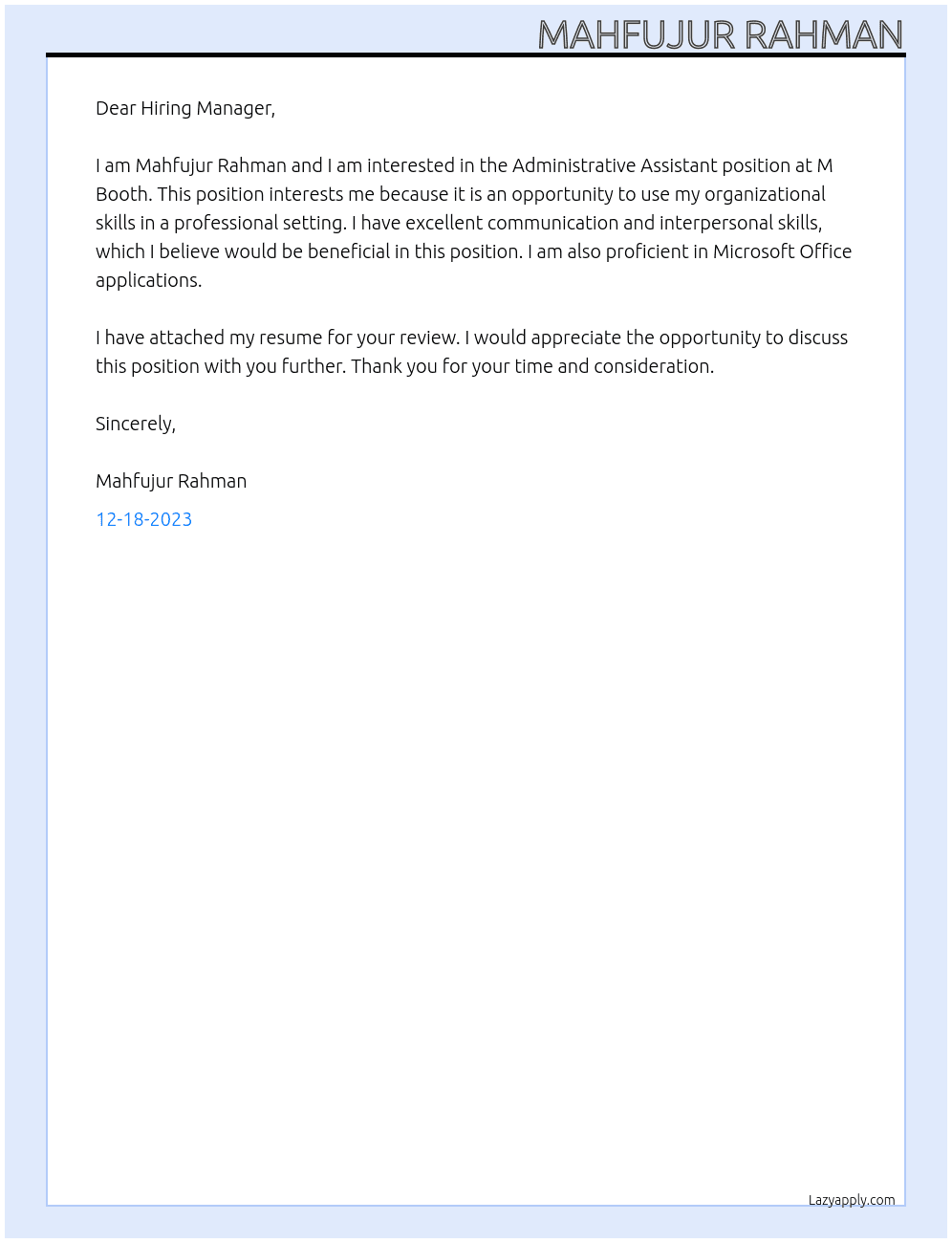 Administrative Assistant At M BOOTH Cover Letter