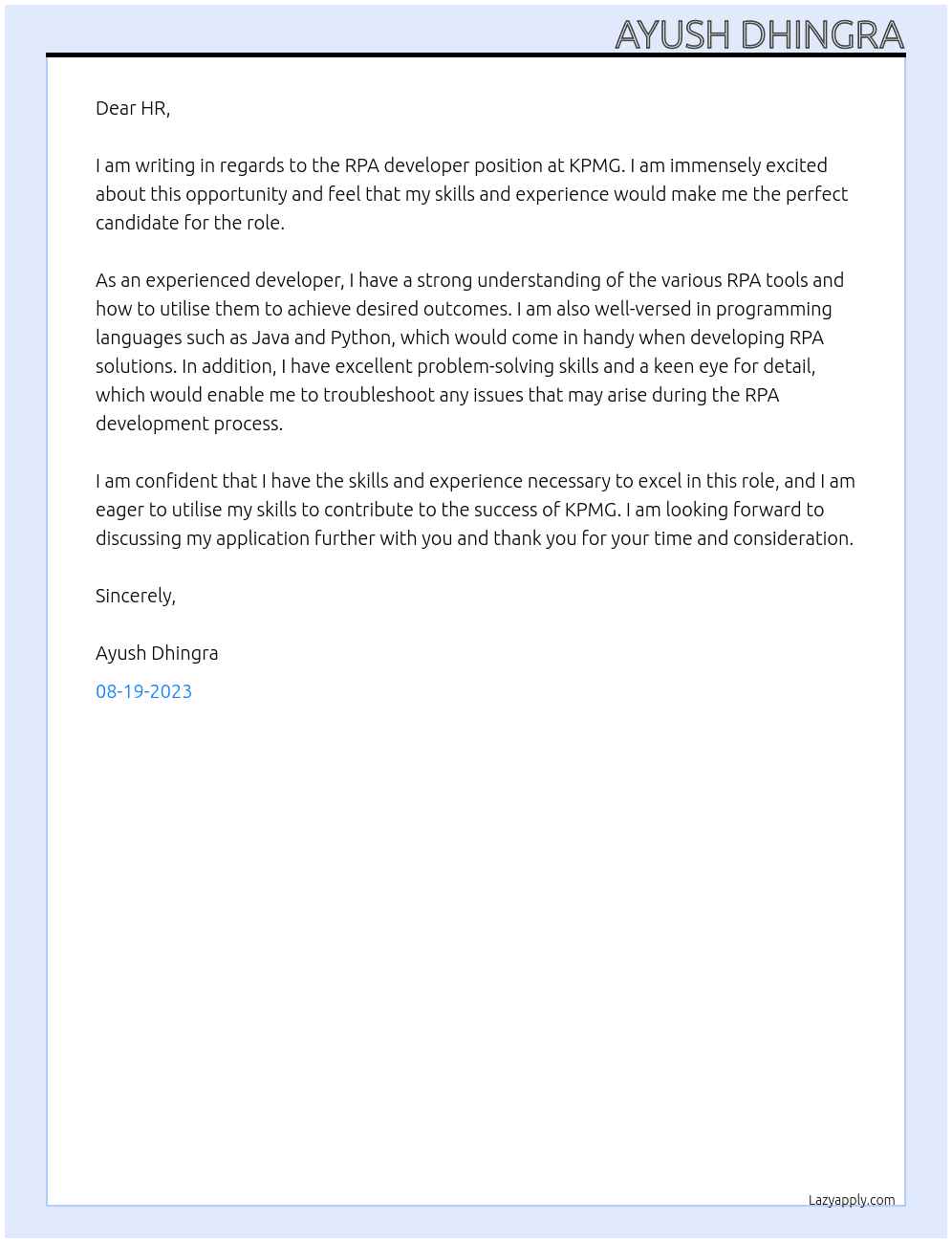 RPA developer At KPMG Cover Letter