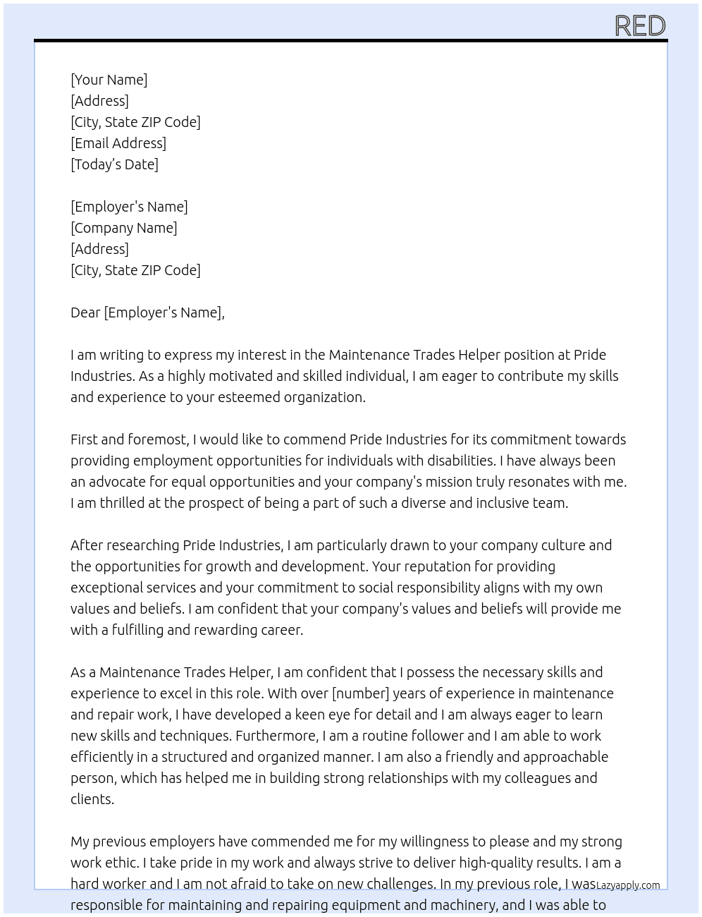 Maintenance Trades Helper At Pride Industries Cover Letter