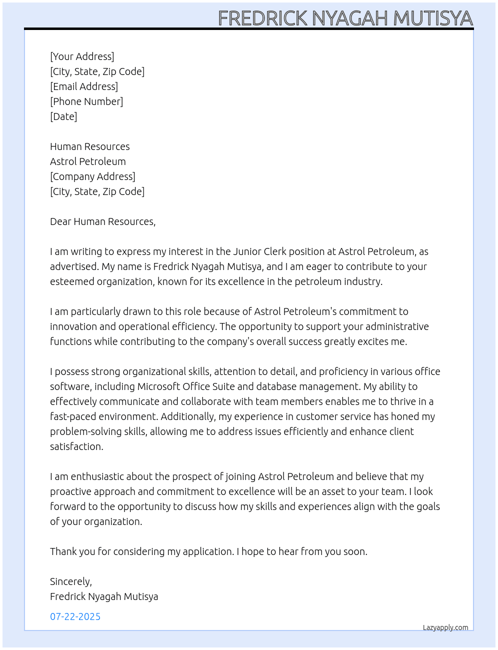 junior clerk At astrol petrolium Cover Letter