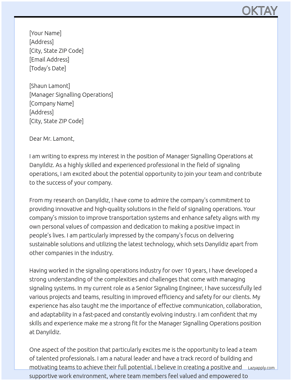 Manager Signalling Operations At danyildiz Cover Letter