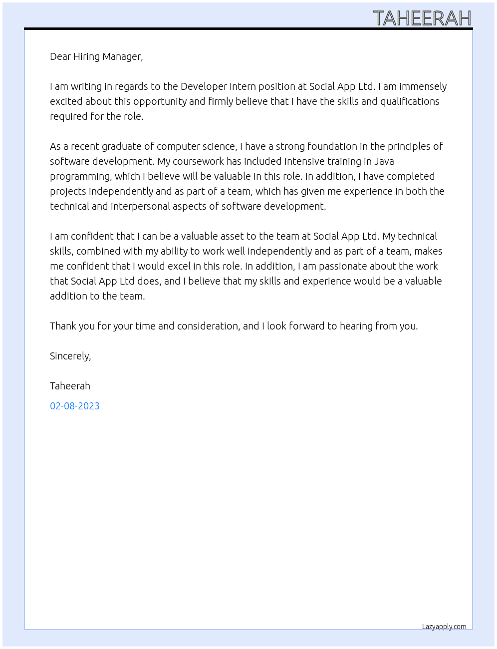 Developer Intern At Social App Ltd Cover Letter