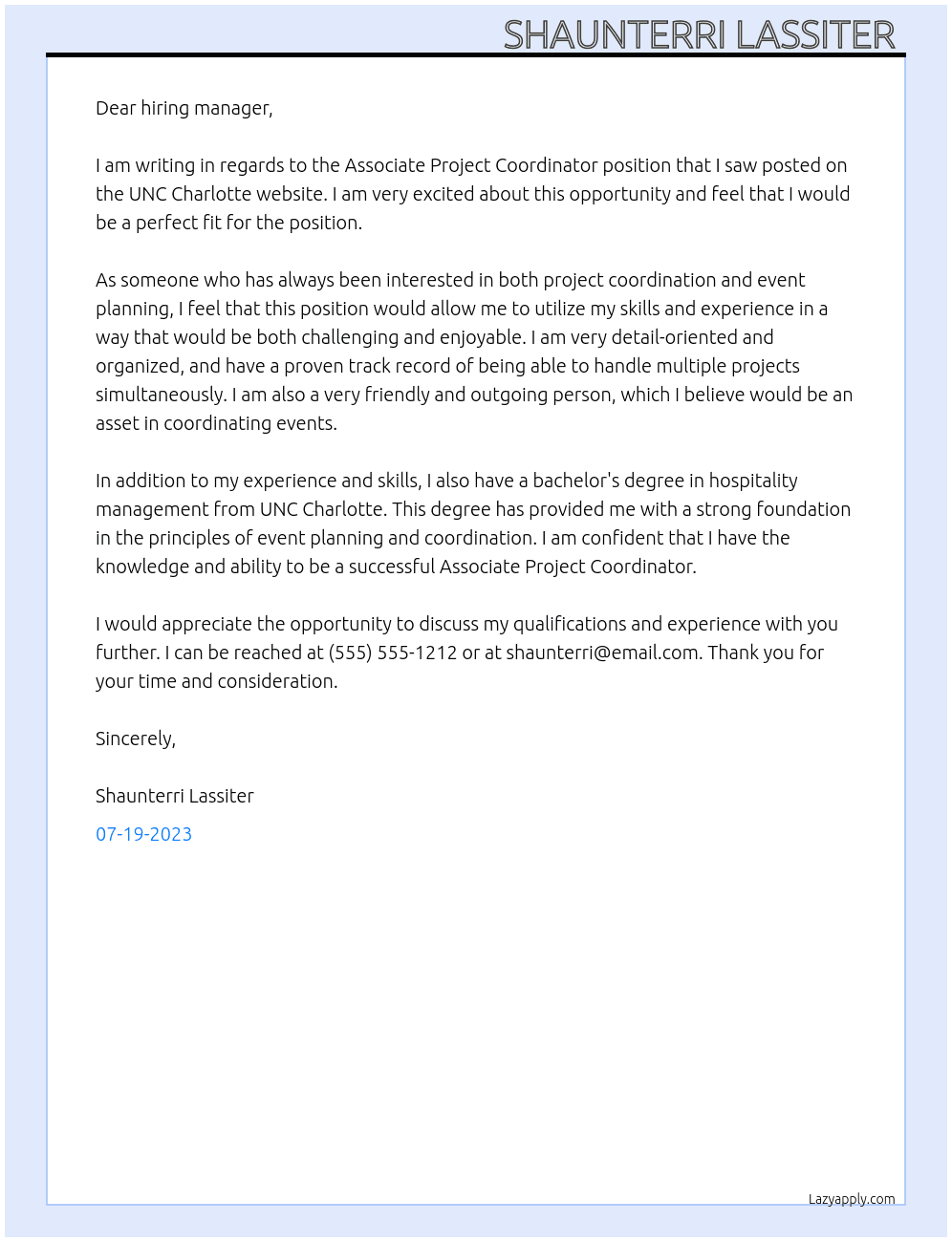 Associate Project Coordinator  At UNC Charlotte Cover Letter
