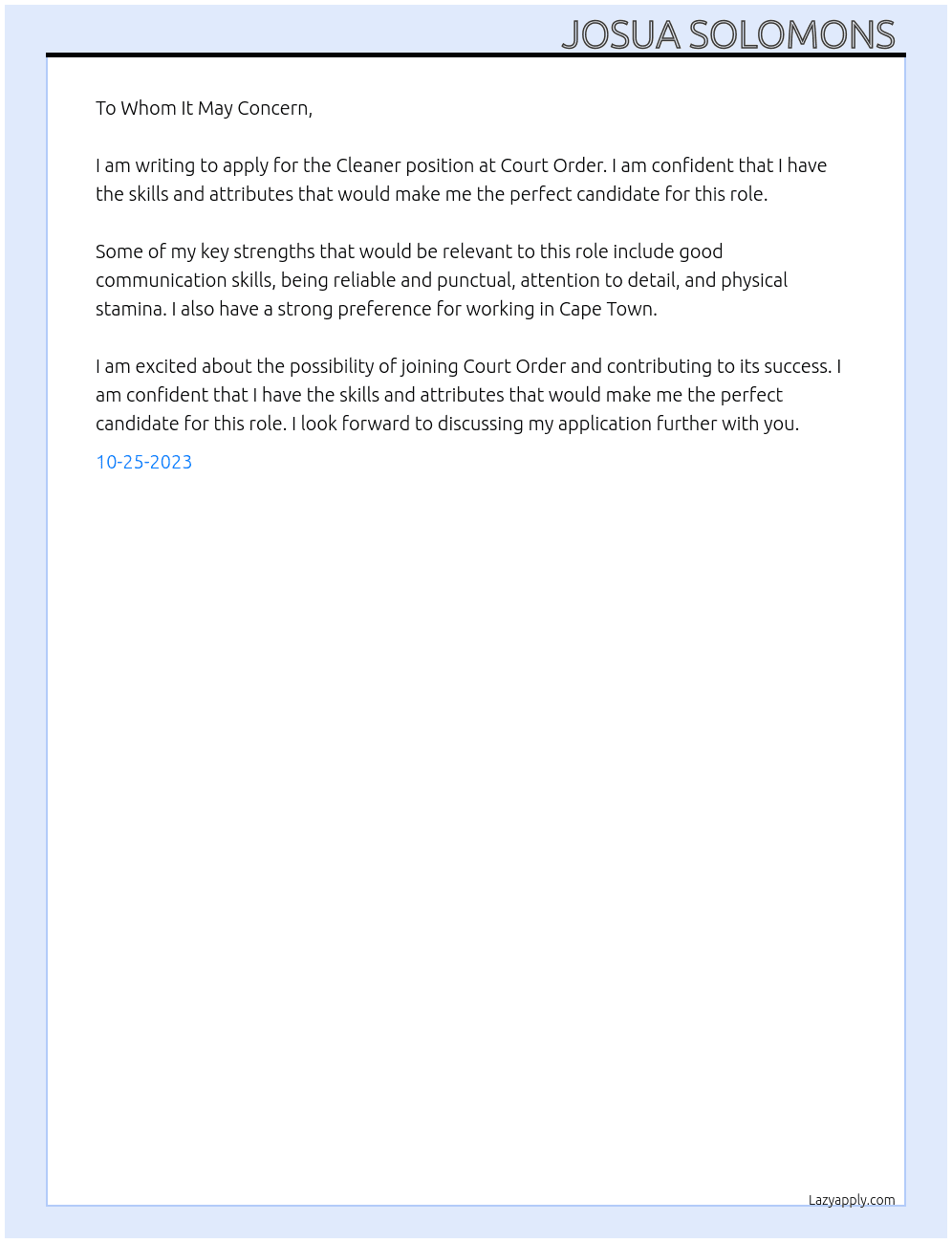 Cleaner position  At Court Order Cover Letter