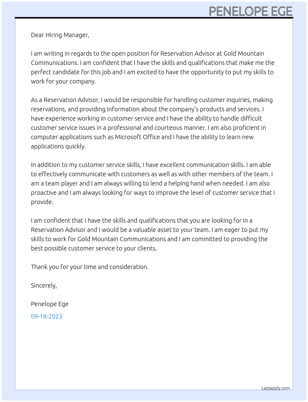 Reservation Advisor At Gold Mountain Communications Cover Letter