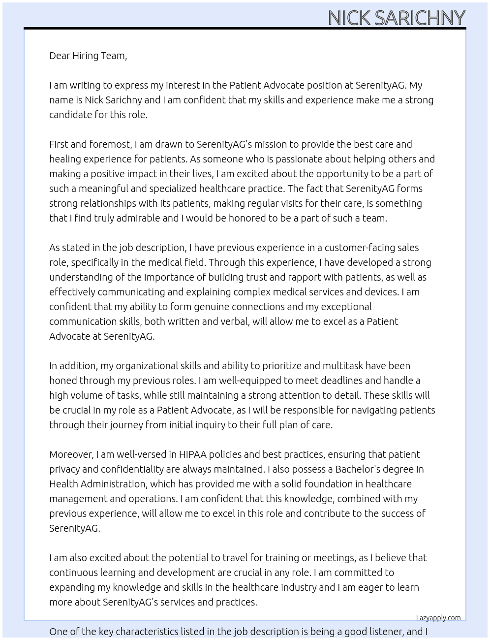 Patient Advocate At SerenityAG Cover Letter