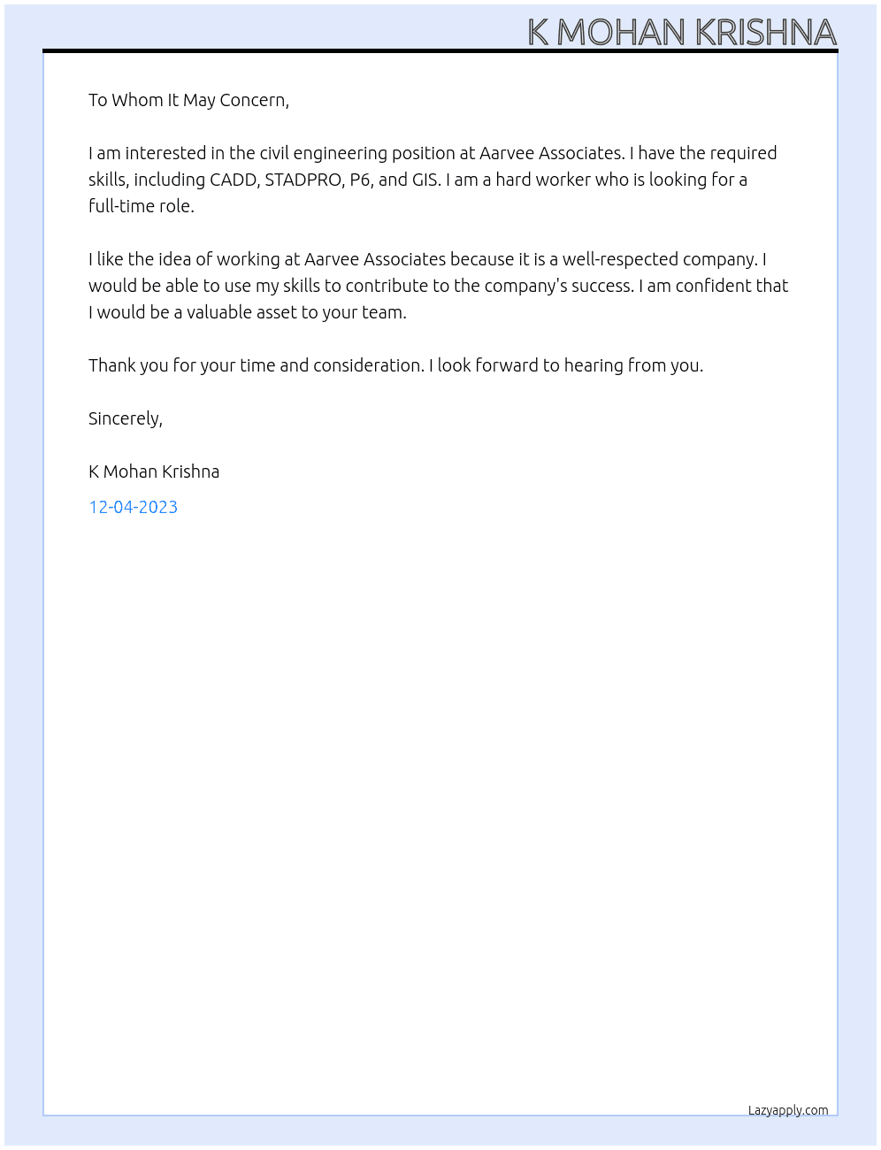 CIVIL ENGINNERIG At AARVEE ASSOCIATES Cover Letter