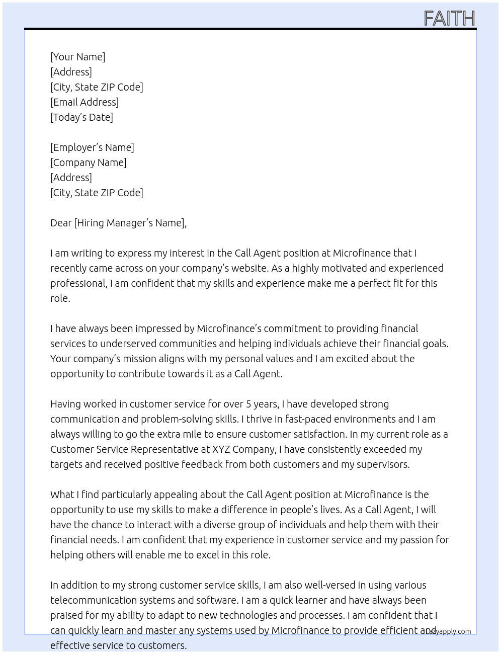 Call agent  At Microfinance  Cover Letter
