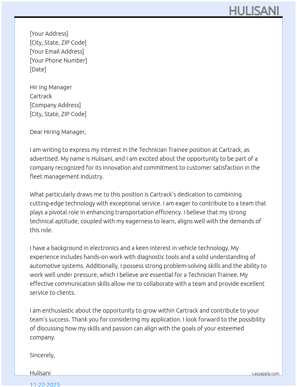 Technician Trainee  At Cartrack  Cover Letter