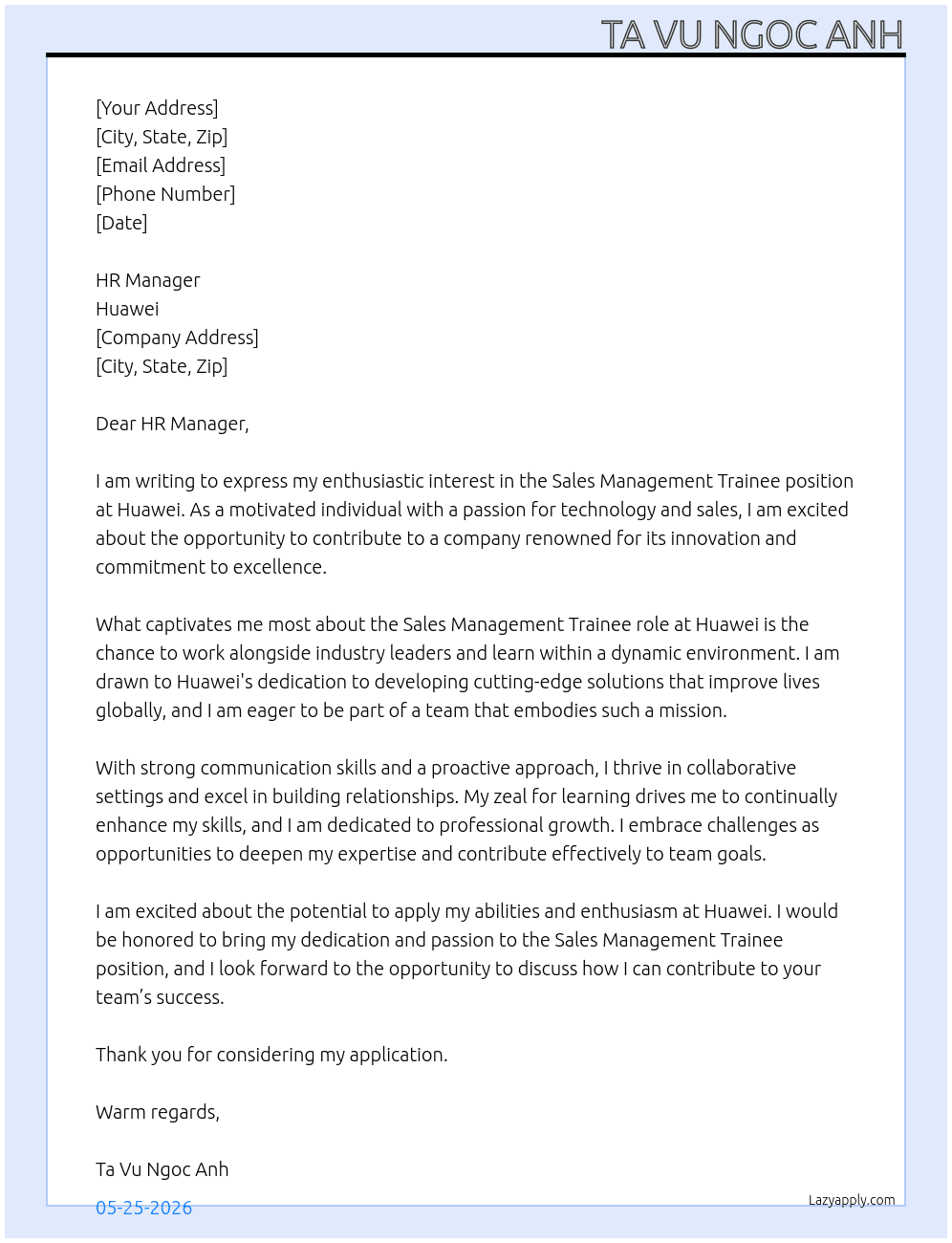 Cover letter for sales management trainee - LazyApply