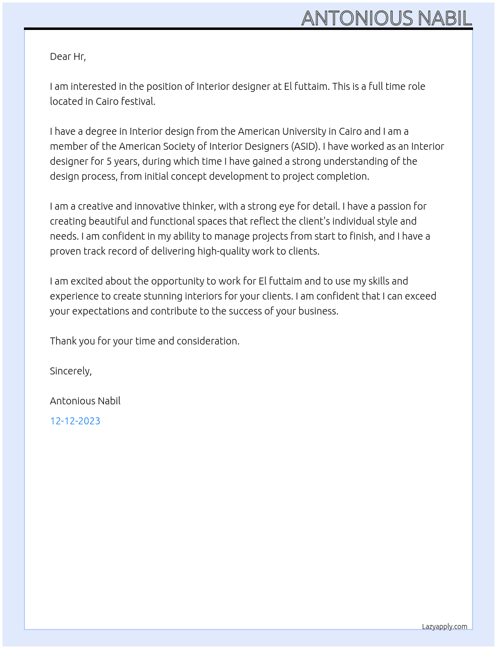Interior designer  At El futtaim Cover Letter