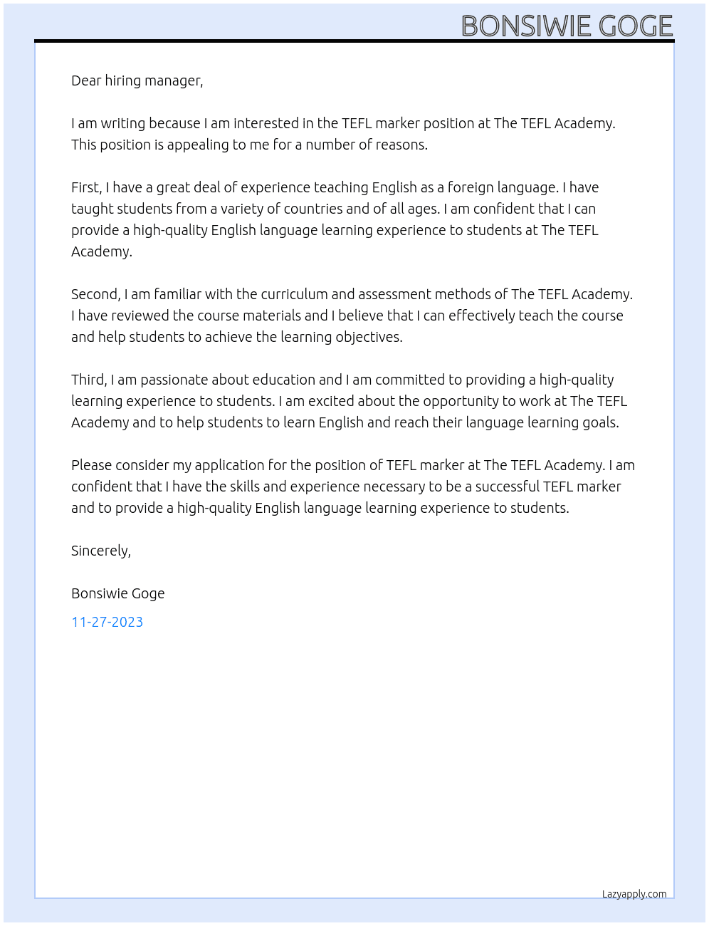 TEFL marker At The TEFL Academy Cover Letter