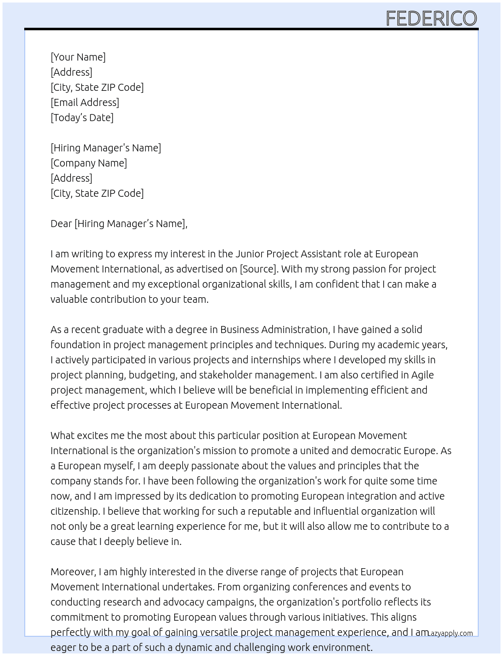 Junior Project Assistant At European Movement International Cover Letter